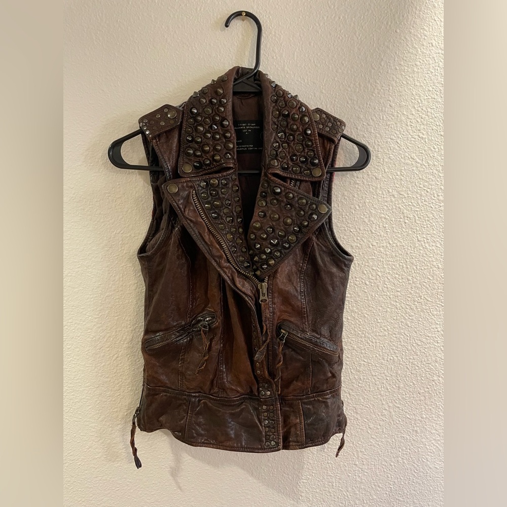 All Saints Brown Leather Vest with Studs